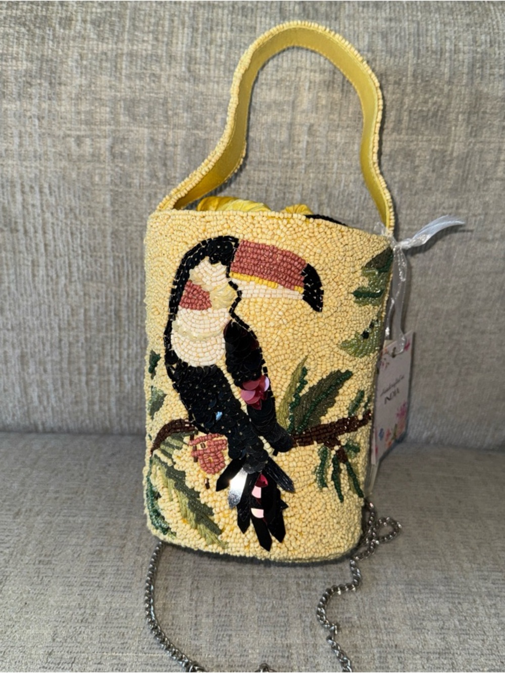 Beaded Toucan Bucket Bag in Yellow